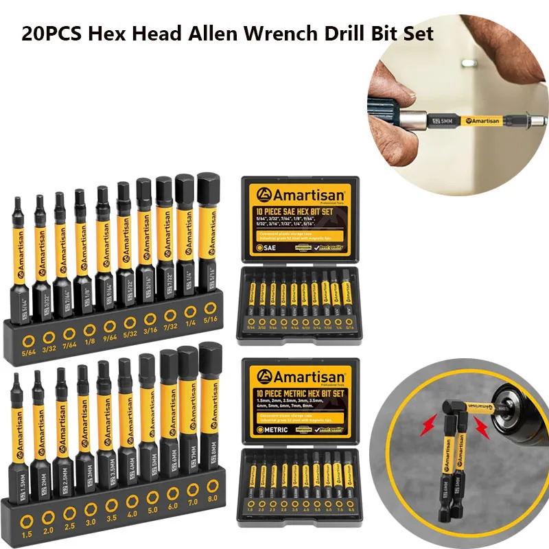 

20Pcs Hex Head Allen Wrench Drill Bit Set 1/4inch S2 Alloy Steel Impact Hex Bit Magnetic Hex Shank Screw Driver Hand Drill Tools