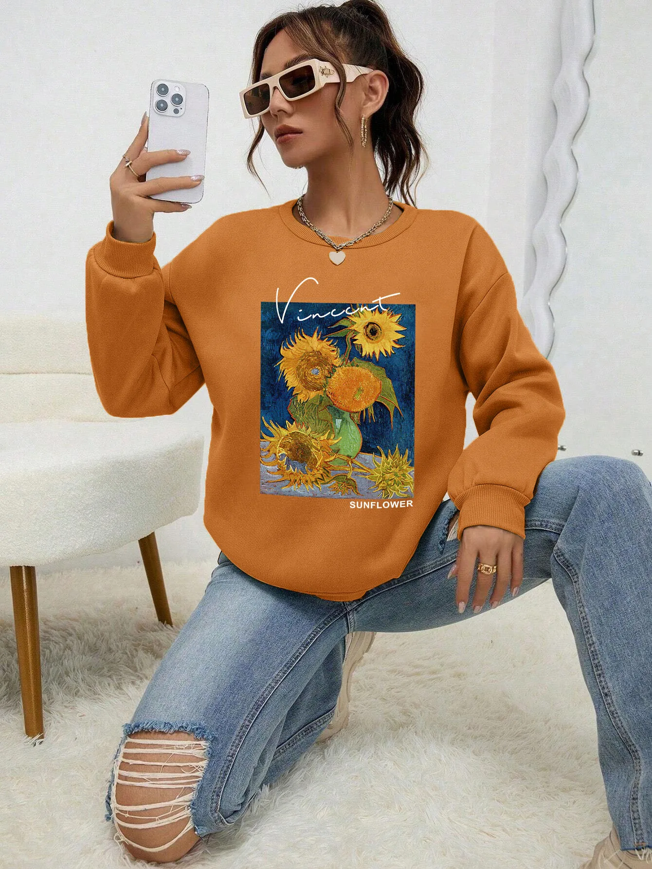 Van Gogh nadruk słonecznika damskie bluzy jesień nowa bluza kreatywna wygodna bluza z kapturem Street miękki polar damska odzież sportowa