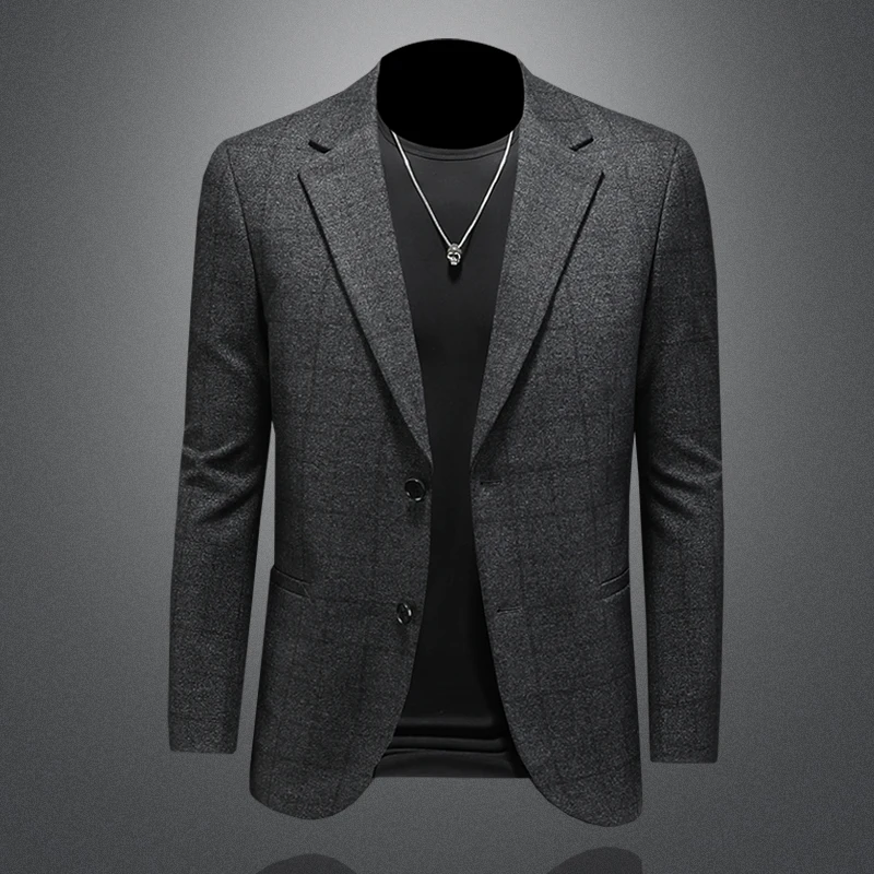 

Ultra-Wool Men's Busin Casual Plaid Suit Jaet Autumn Winter Faion Ci Sle Stand Fit Long Sve Four Button Closure