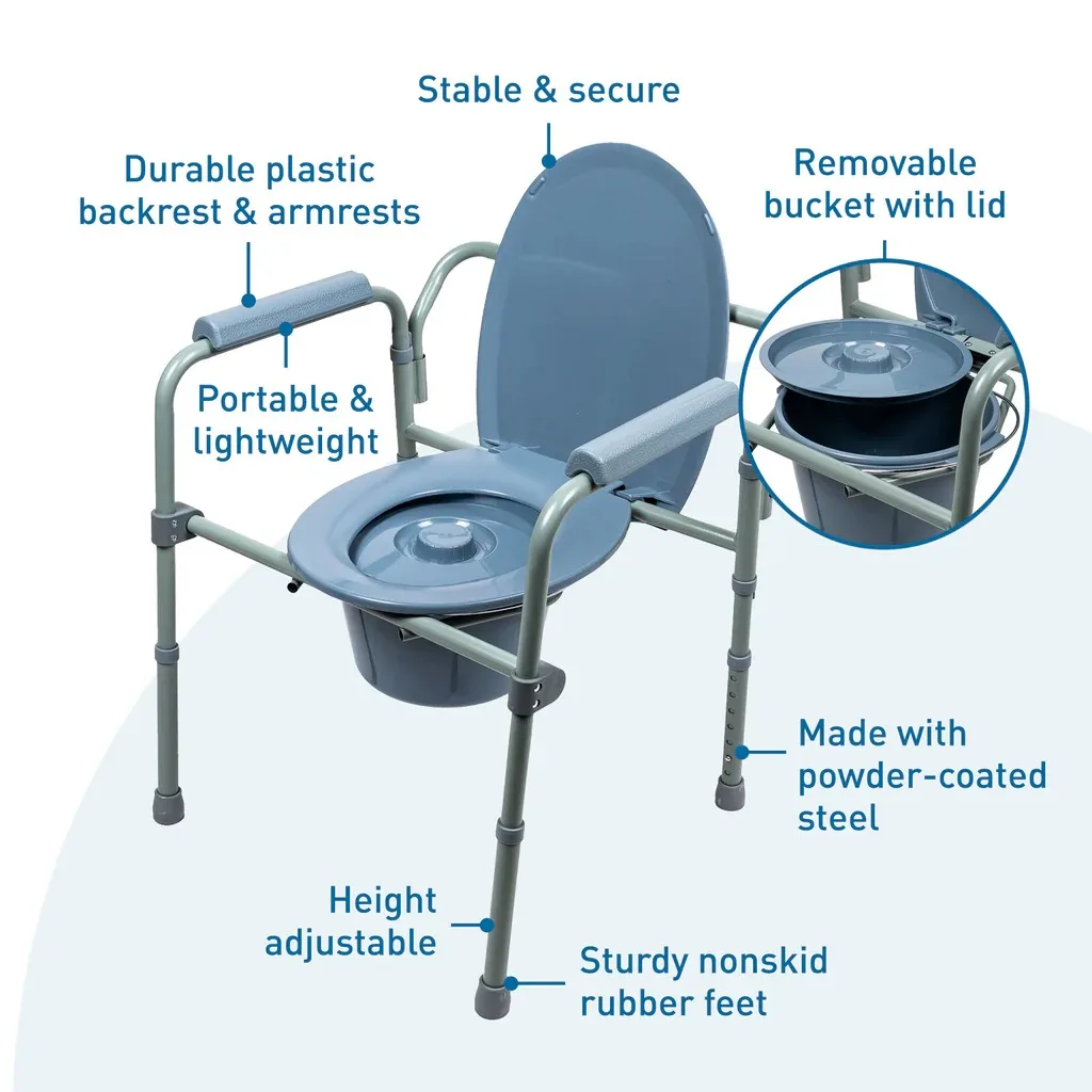 BA819 Steel Medical Commode Chair with Splash Guard and Lid Bedside Commode Shower Toilet Chair Bathroom Safety Equipment