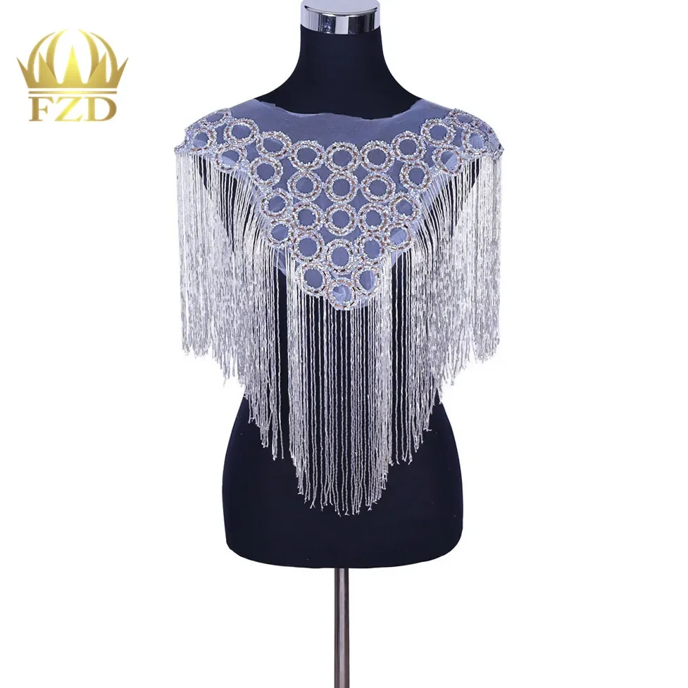 FANGZHIDI 1 Piece Fashion Silver bodice front and back Tassel applique  Dress Patch For Wedding Dress Women Clothes DIY Fabric