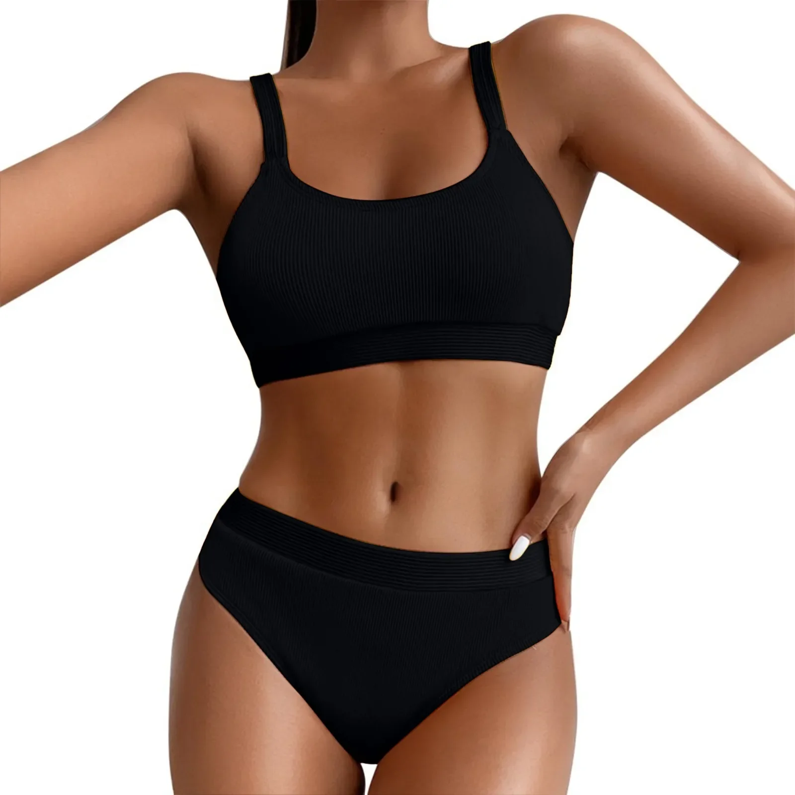 

2024 Bikini Set Womens High Waist Swimsuit Sexy Solid Color Swimwear Female Summer Swimming Sports Bathing Suit For Beachwear