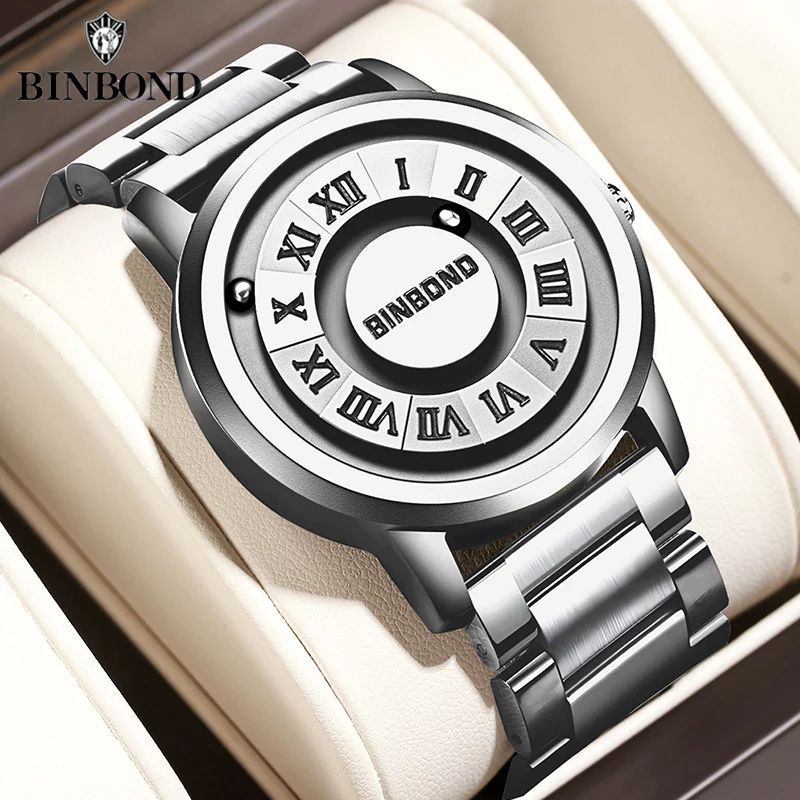 BINBOND New Luxury Men's Quartz Watch Magnetic Levitation Hollow Out Rome Stainless Steel Waterproof Man Watch Relogio Masculino