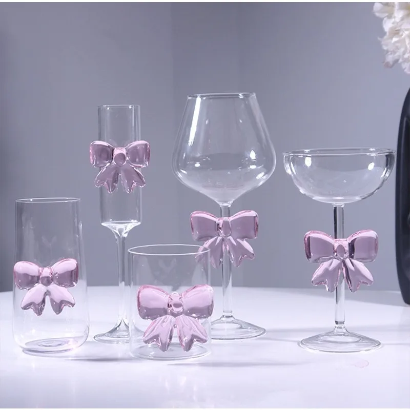 Copa de Vino de Vidrio con Alto Valor Estético, Serie Lazo Rosa, Taza Creativa para Té de Frutas, Copa de Vino Tinto Resistente al Calor