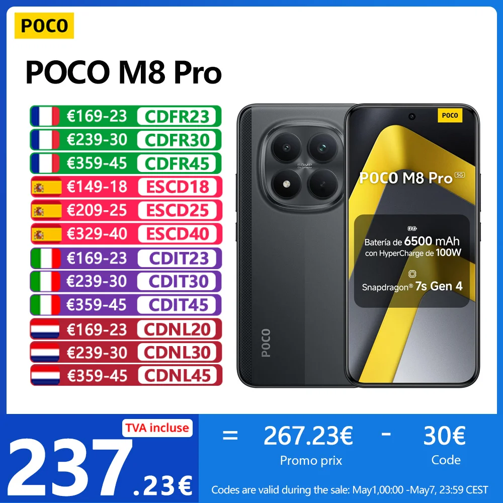 POCO M8 Pro 5G, NFC, Ekran AMOLED CrystalRes 1,5K 6,83", Snapdragon® 7s Gen 4, 50 MP Aparat, Bateria 6500 mAh, IP68