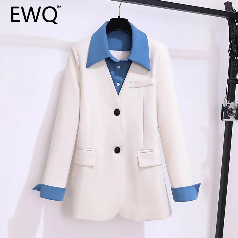 

EWQ Fashion Patchwork Blazer For Women Versatile Lapel Collar Long Sleeve Contrast Color Coat Clothing 2024 Autumn New 27X786