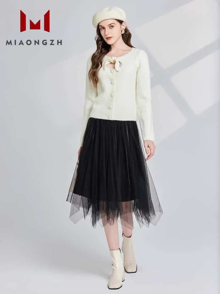 

Fashion 2 Pieces Set O Neck Long Sleeve Cardigan For Women White Coats + High Waist Casual Black Midi Skirts Female Top New Suit