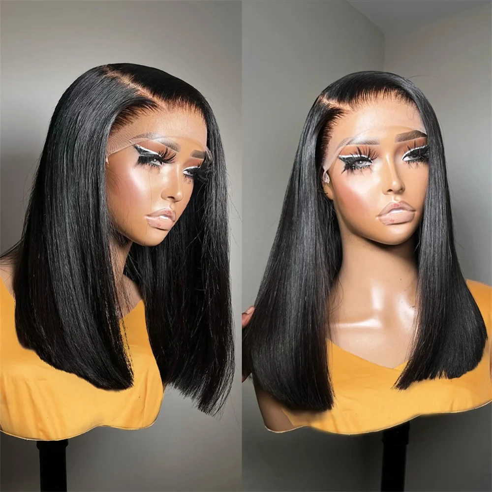 Wig Frontal renda transparan untuk Wig Bob pendek wanita hitam Wig rambut alami lurus Remy 13x4 Wig rambut manusia depan renda