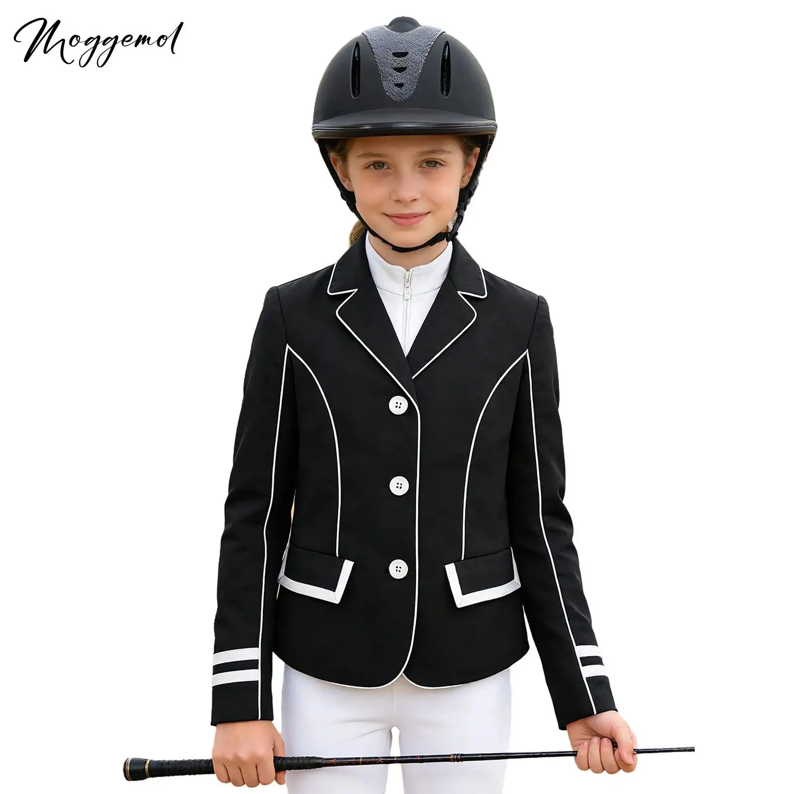 Unisex Girls Horse Riding Jacket Sportswear Outwear Classic Contrast Trim Equestrian Blazer Lapel Collar Long Sleeve Button Tops
