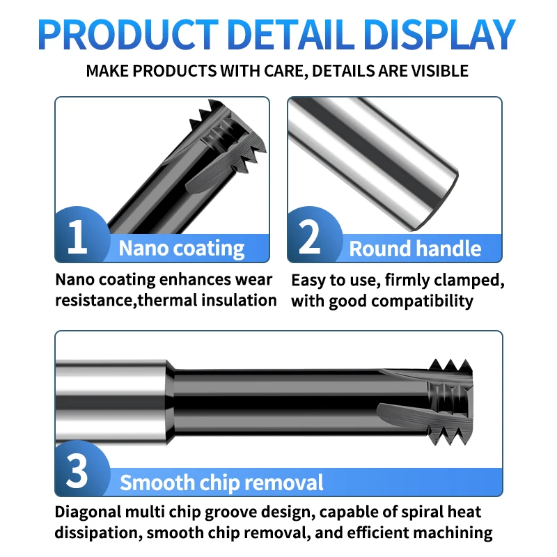 UT TAP CNC Machine Solid Carbide Tungsten Steel Long Shank 100L Three Row Thread Milling Cutter M2 M3 M4 M5 M6 M8 M10 M12 M14