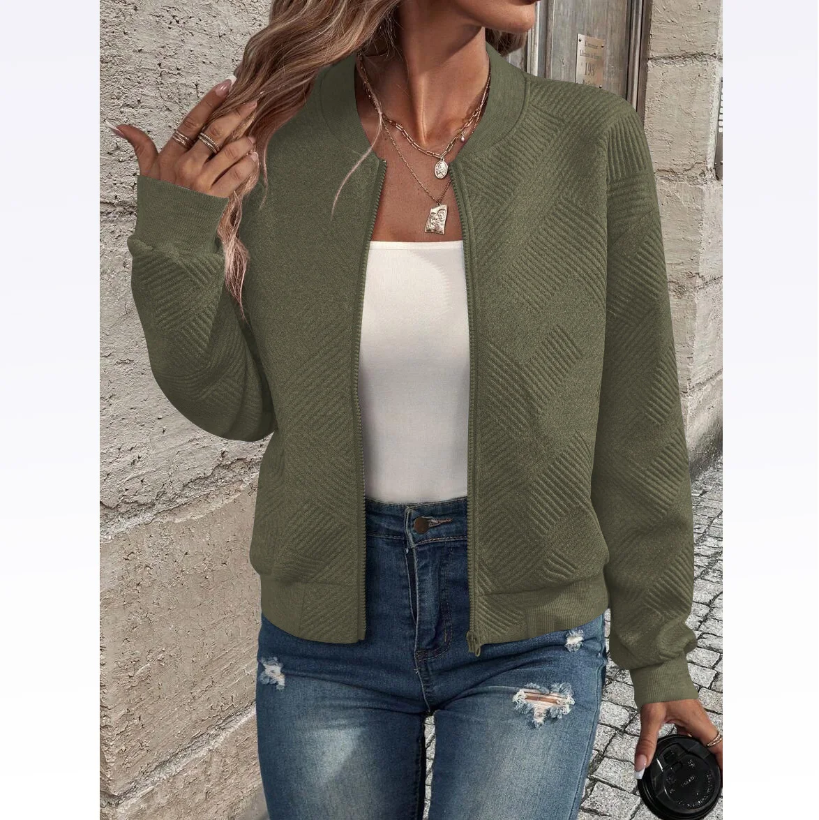 Damen Herbst- und Winterjacke, Neu, Einfarbig, Schlicht und Exquisit, mit Reißverschluss, Baseballkragen, Lässige Jacke – Detail 14