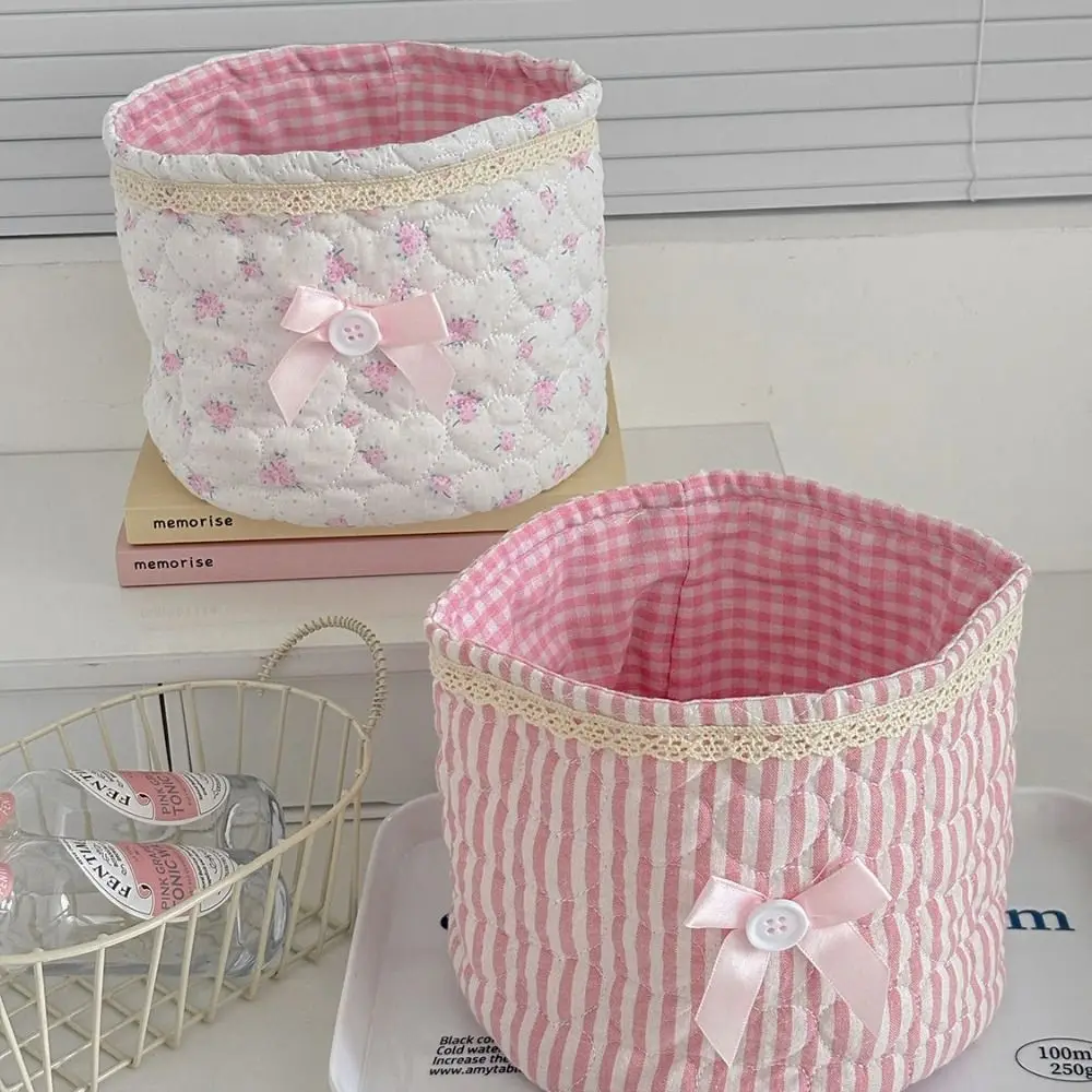 Essentials Multi-Purpose Storage Basket Quilting Cotton Bow Storage Bag Cute Lace Decor Multi-Purpose Basket School&office