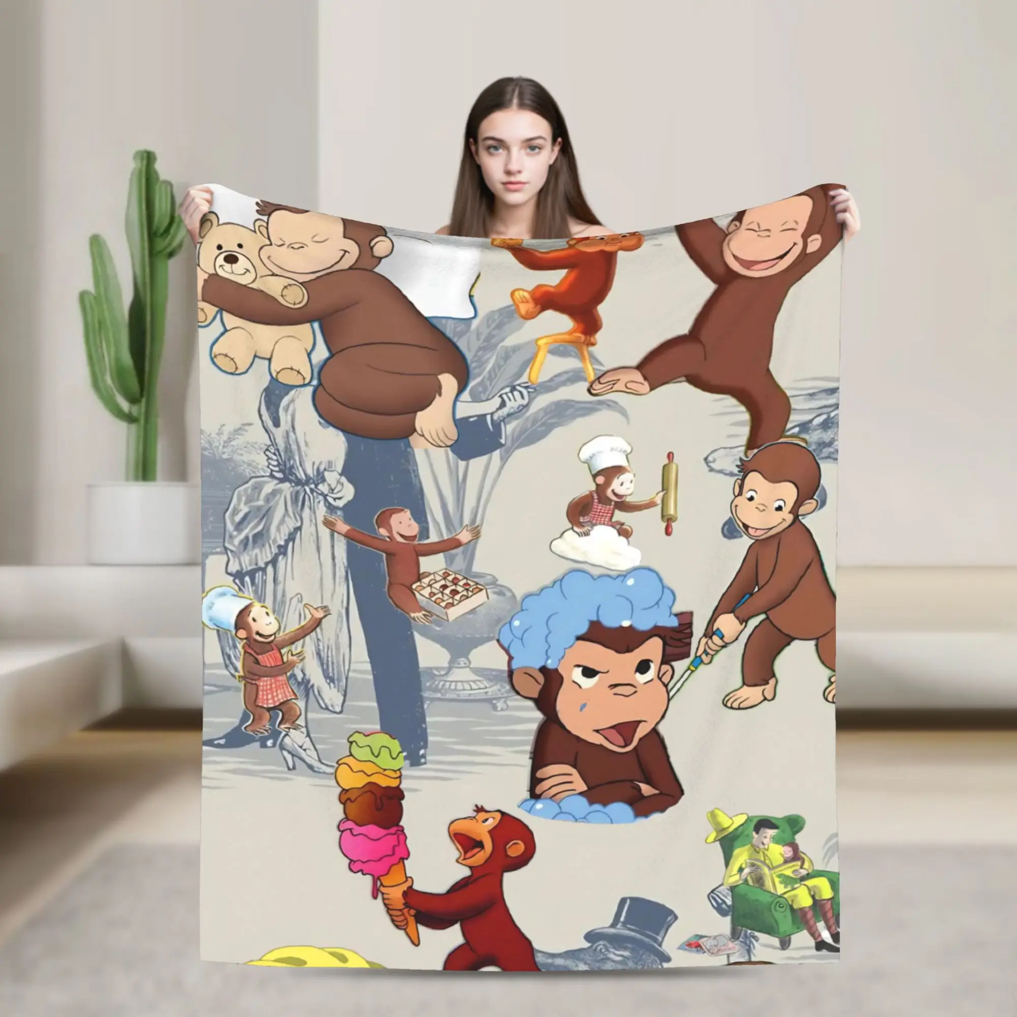 Super Soft Curious George African Monkey Throw Blanket Premium Fleece Flannel Lightweight  Bed Blanket Fuzzy Plush Blankets