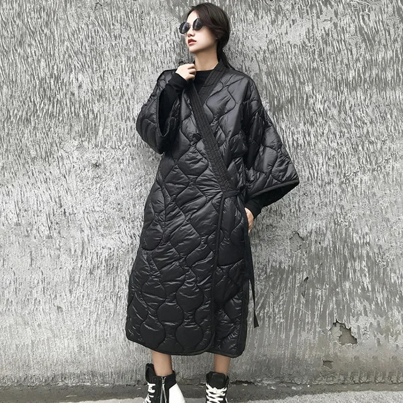 Dark Style Winter New Japanese Bound Nightgown V-neck Diamond Grid Loose Oversized Long Cotton Coat Cotton Jacket for Women