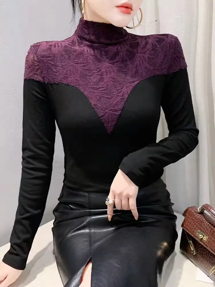 여성용 스플라이싱 풀오버 티셔츠, 터틀넥, 면, 슬림 플레어 슬리브, 보터밍, 스위트 S-4XL, 가을, 겨울