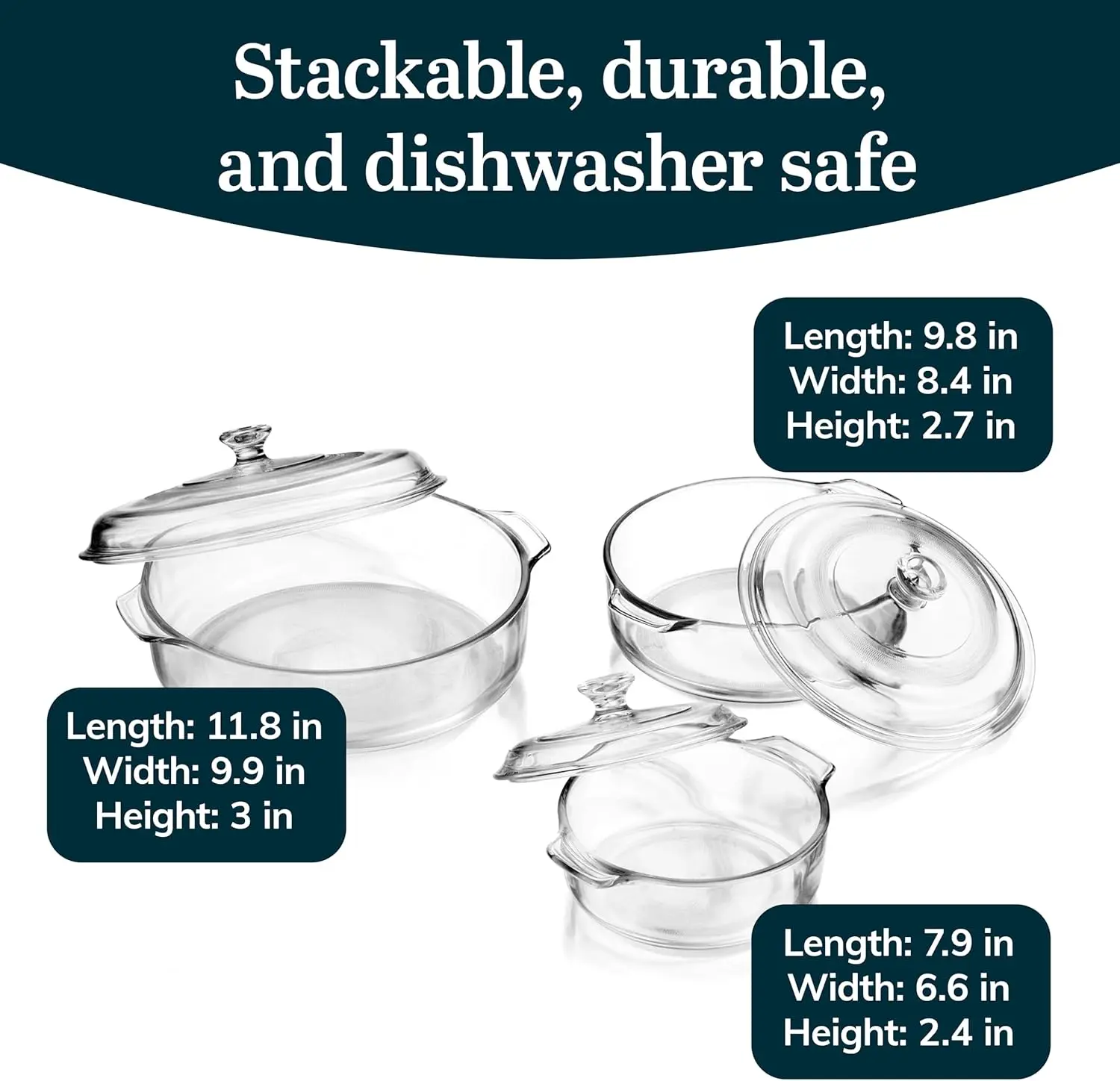 3-Piece Glass Casserole Baking Dish Set with Lids, Oven-Safe for Easy Cooking and Serving