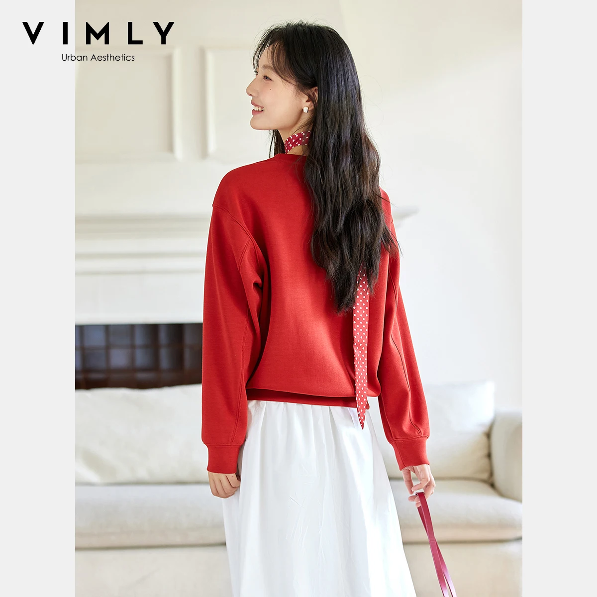 VIMLY Sports Women Sweatshirts Letter Embroider Autumn 2025 O-neck Knitted Female Sweatshirt Elegant Straight Ladies Tops A2106