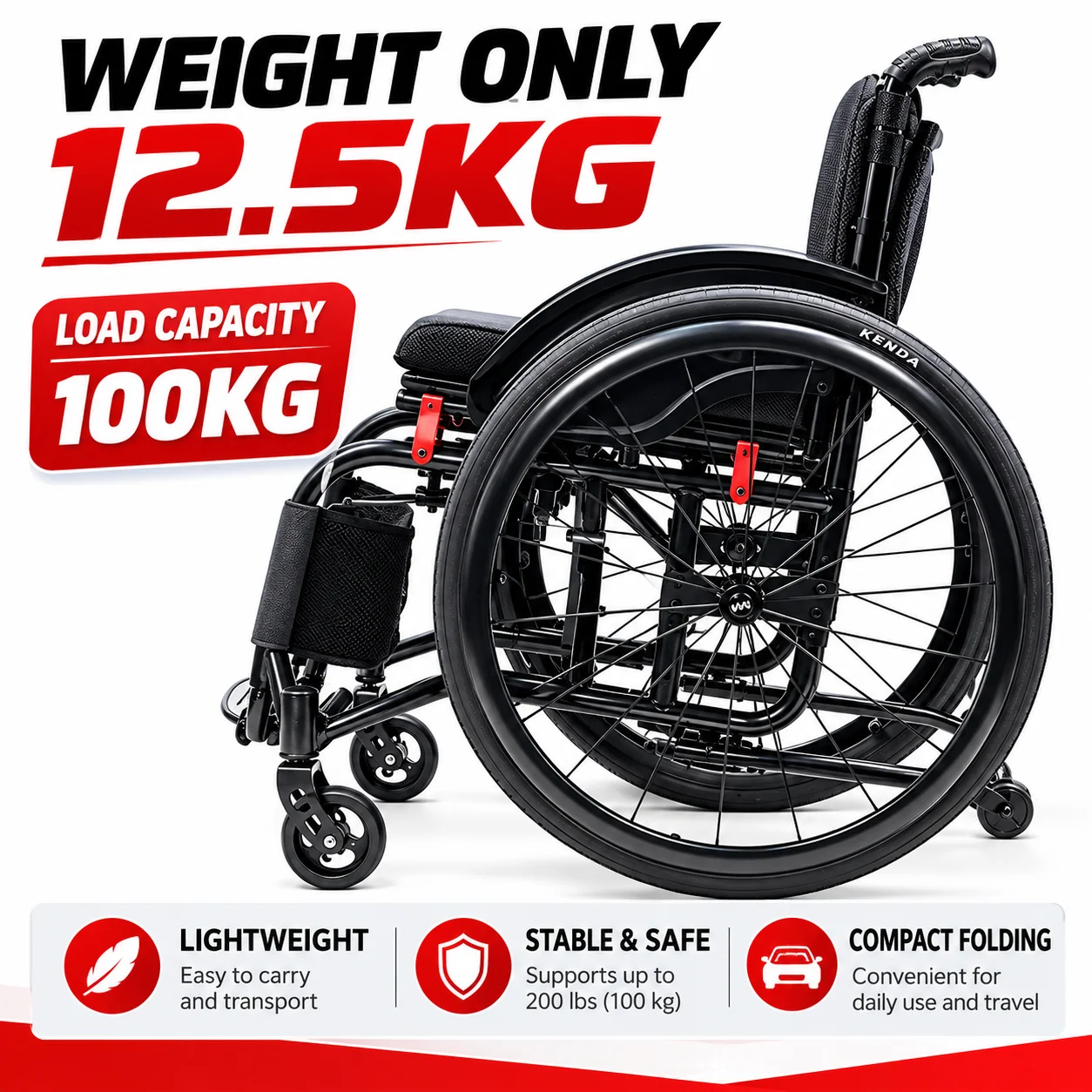 Super Lightweight Sports Wheelchair 24 Inch Aluminum Alloy Folding Manual Wheelchair Portable Rehabilitation Exercise Wheelchair