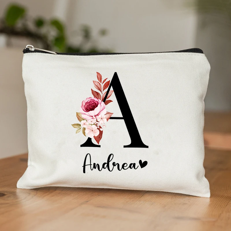 Floral Letters Custom Name Makeup Bag Best Gift for Bridesmaid Teachers Friends Cosmetic Case Personalise Gift for Birthday