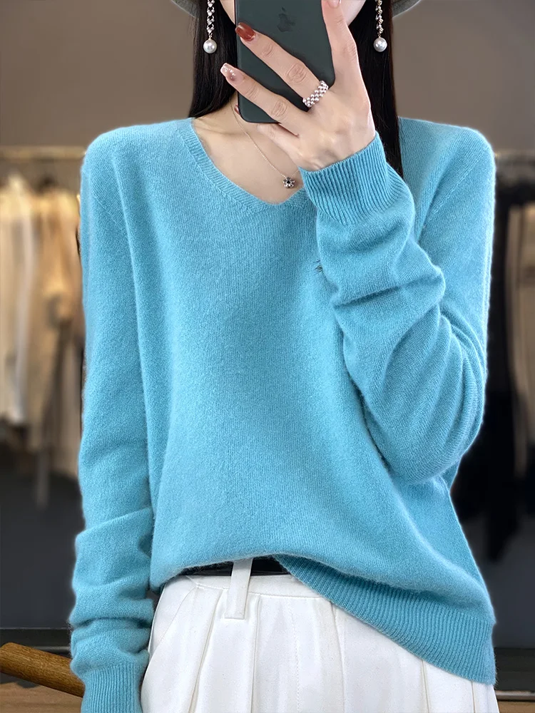 Women V-neck Knitted Pullover 100% Merino Wool Long Sleeve Thin Sweater For Spring Autumn Solid Casual Knitwear Korean Clothing