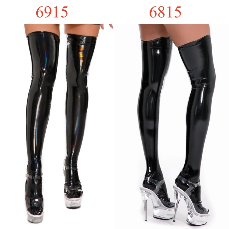 Plus Size Lingerie Goth Punk Oil Shiny PU Leather Thigh High Stockings Women Sexy Pole Dance Club Party Hosiery PVC Latex Medias