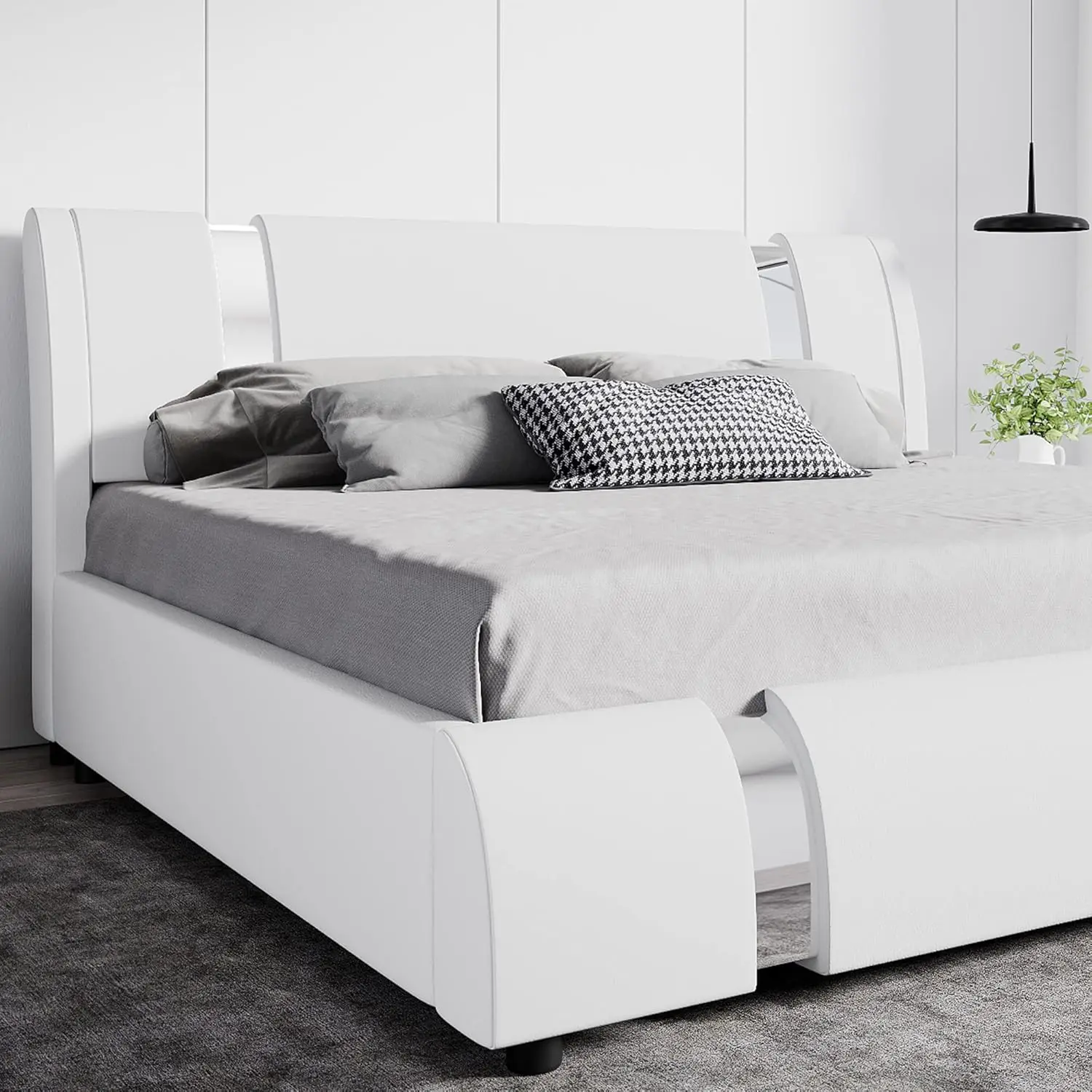 Queen Platform Bed Frame with Adjustable Headboard, White Modern Upholstered Bed, No Box Spring Needed