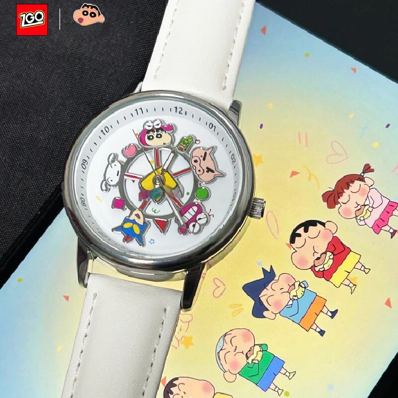 

ZGO New Crayon-Shin-Chan Rotating Dial Watch 30m Waterproof White Leather Strap Xiaoxin Xiaobai Girl Anime Peripheral Decor Gift