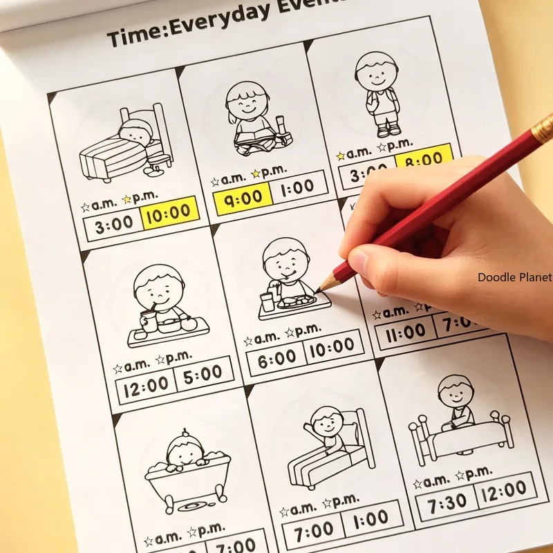 A Clock Recognition Early Childhood Material Book Complete Corresponding Fill in The Blank and Connect Lines Through Patterns