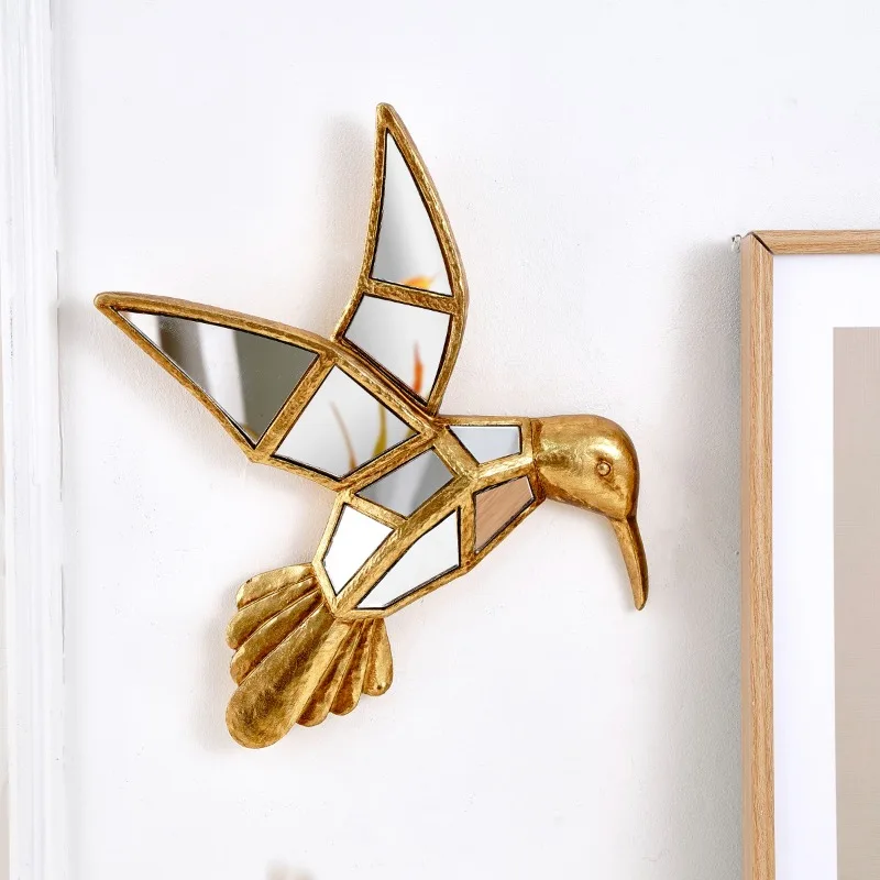 Nordic Golden Bird Mirror Wall Hanging Piece Resin Craft Golden Hummingbird Background Wall Decoration Mirror Hanging Decoration