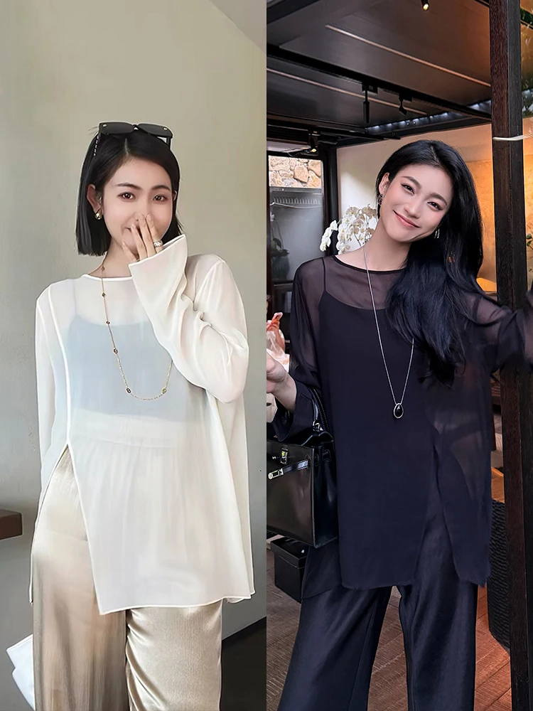

the Meng QingXian Summer Casual Silk Shirt Women's Lightweight Translucent 6A Grade Silk Long Sleeve round Neck Top