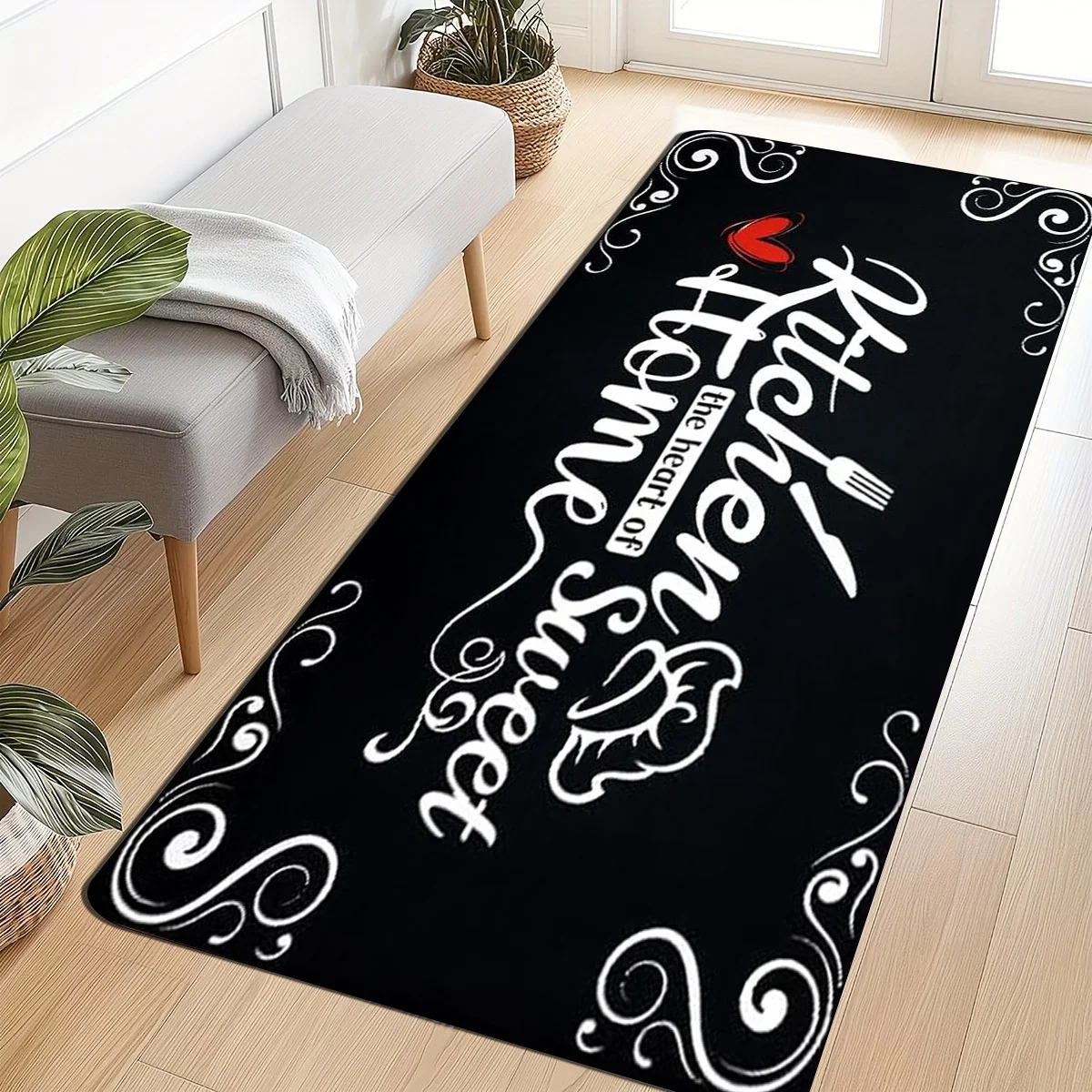 Vintage-Küchenteppich – „Kitchen, the Heart of Sweet Home“ Schriftzug-Design, elegante schwarze Matte für die Küche
