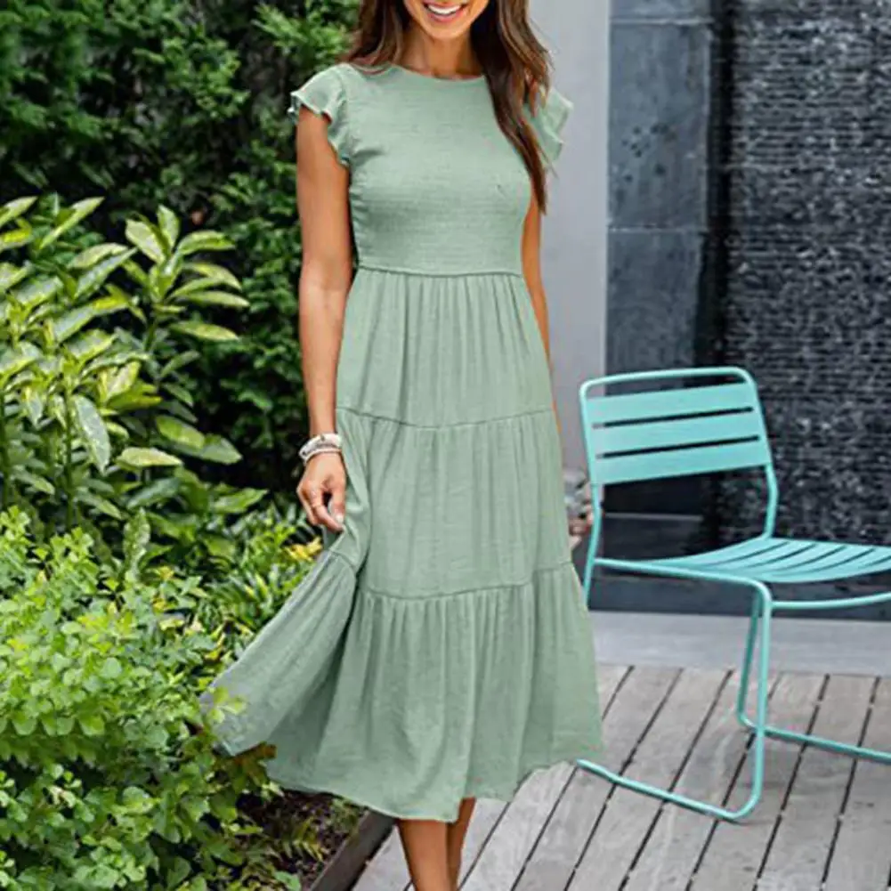 Women Midi Dress Elegant Multi-layer Patchwork Midi Dress for Women A-line Hem Pleated Elastic Bust Solid Color for Summer