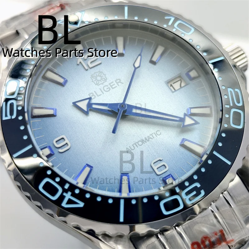 BLIGER 41mm NH35 Automatic Mechanical Watch For Men Sapphire GlassBlue Ceramic Bezel Gradient Ice Blue Dial Luminous Date Window