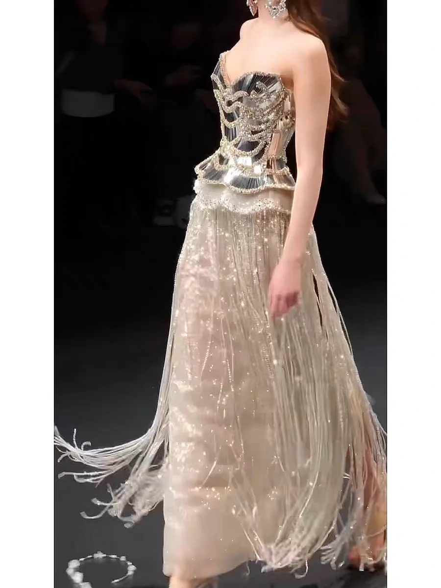 Customized Strapless Metallic Mirror Beaded Corset Evening Dress Multi-Layer Long Fringe Flowy Skirt Runway Show