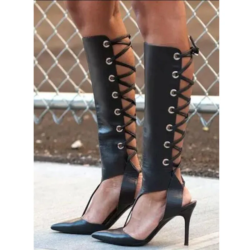 

Ladies Black Leather Back Bandage Knee Boots Pointed toe Women Thin High Heels Female Strappy Crossed tie Slingbacks Botte Shoes