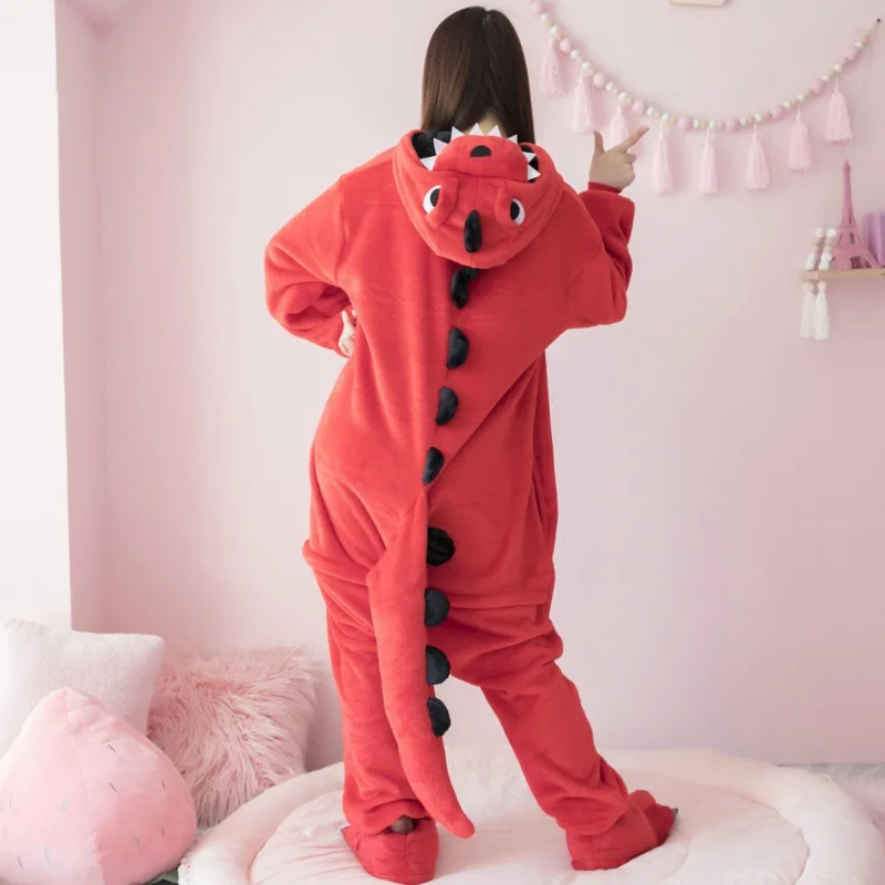 Red Dragon Hooded Flannel One-piece pajamas Cartoon Button Onesie Couple Sleepwear Comfortable Leisure wear Halloween Cosplay