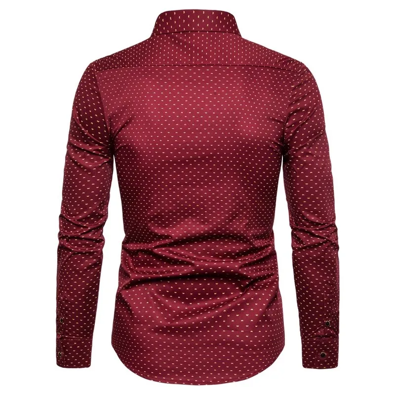 2024 New Men Business Social Long Sleeved Lapel Neck Shirts Navy Blue / White  / Wine Red Fashion Male Ball Party Casual Shirt