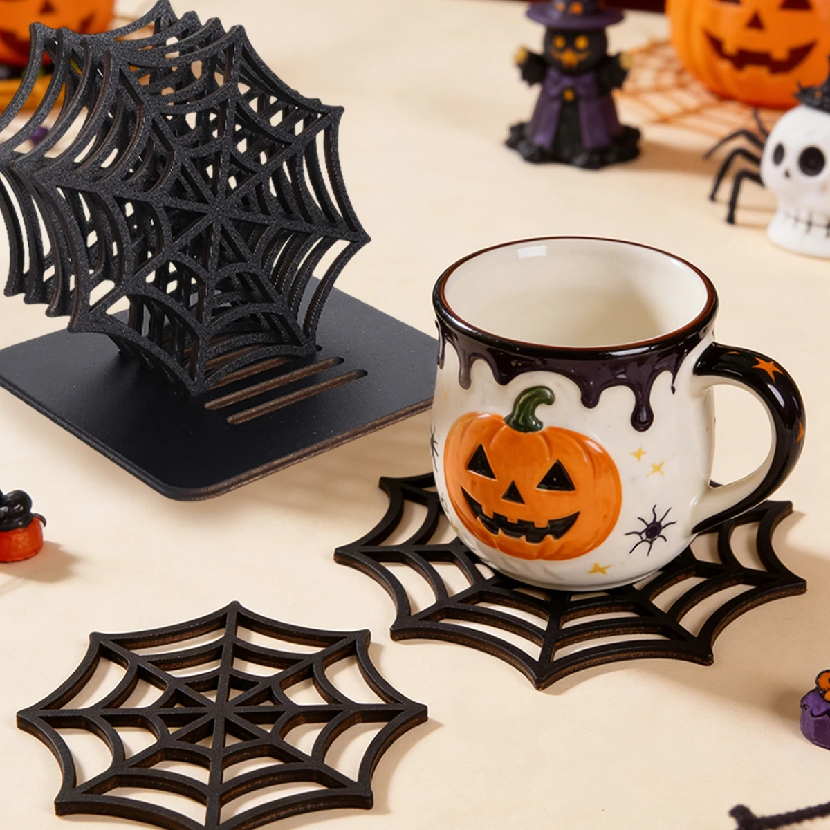 Halloween Spider Web Placemats Set Wooden Halloween Party Table Decoration Spider Web Coasters with Storage Base Party Supplies