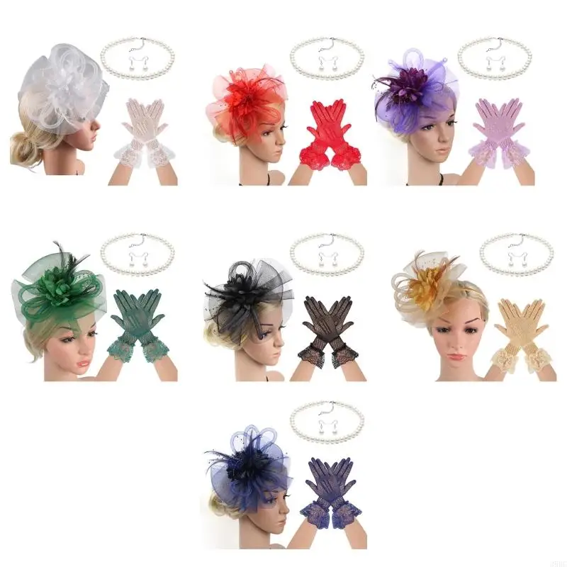 

39BC Women Derby Hat Fascinator Hairhoop with Neckwear Earrings Gloves For Cocktails Special Occasion Roleplay Accessories