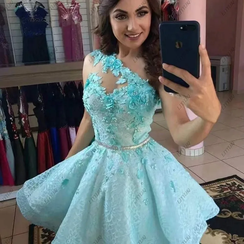 

LIYYLHQ Turquoise Short Lace Homecoming Dresses Beaded Appliques One Shoulder Mini Graduation Cocktail Formal Prom Party Gowns