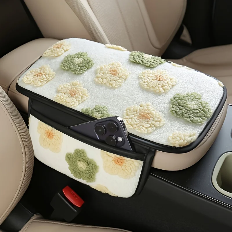 Plush Car Center Armrest Box Cushion, with Storage Bags on Both Sides, Can Store Receipts, Credit Cards, Bills, Etc. Warm Hands