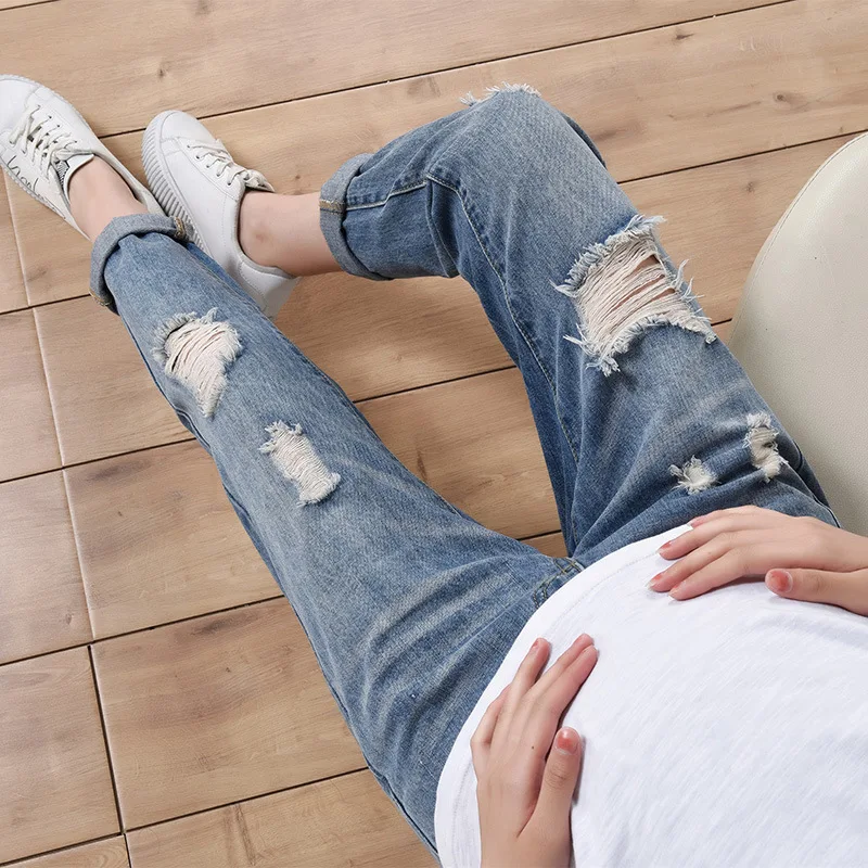 4XL Ripped Hole Denim Maternity Jeans Spring Autumn 9/10 Length Loose Straight Belly Pants Clothes for Pregnant Women Pregnancy