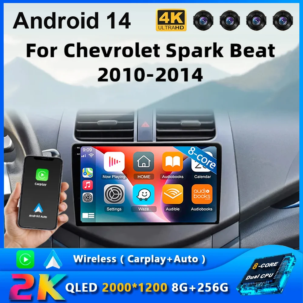 

Автомагнитола Carplay на Android 14 для CHEVROLET Spark Beat Matiz Creative 2010 - 2014 с навигацией, GPS, мультимедийным плеером, стерео BT