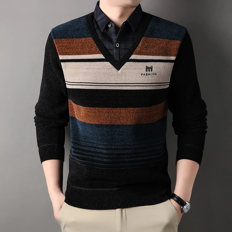 Winter New Fleece Sweater Men Thickened Pullover Striped Velvet Clothing Autumn Winter Crew Neck Jumpers Fashion Knitwear