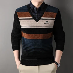Nuevo suéter de lana de invierno para hombre, jersey grueso, ropa de terciopelo a rayas, jerséis de cuello redondo para otoño e invierno, prendas de punto de moda