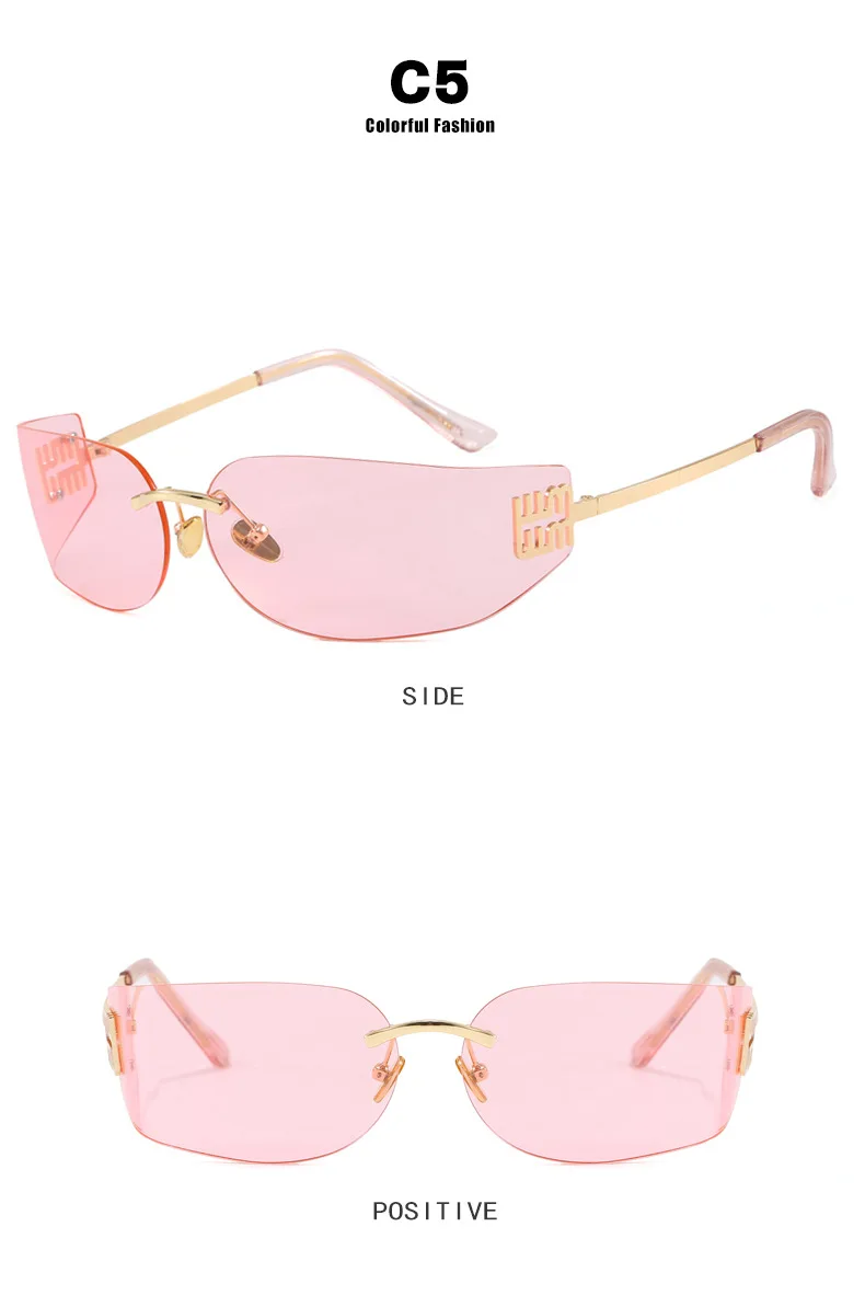 Hochwertige Randlose Rahmenlose Sonnenbrille für Damen Luxuriöse Personalisierte Y2k Gebogene Metallbuchstaben Sonnenbrillen Damenschattierungen – Detail 11