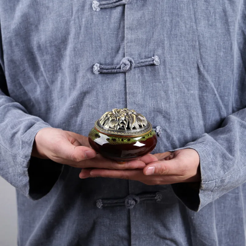 Celadon Ceramic Ice Crack Burner with Copper Lid Antique Alloy Incense Holder for Sandalwood and Agarwood Wholesale