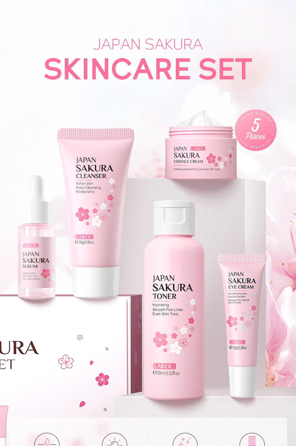 LAIKOU-Sakura Skin Care Set, Limpeza Poros, Reduzir Linhas Finas, Hidratante, Coreano Skincare Produto, 5 Pcs