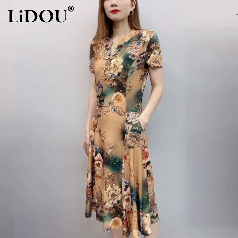 

Summer Elegant Vintage Floral Printing Midi Dress Ladies Short Sleeve Oversized Slim Casual Irregular Robe Women V-neck Vestidos