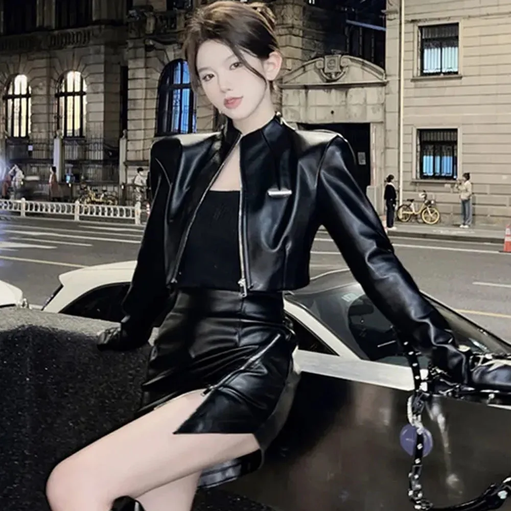 2023 Autumn New High Street Two-piece Set Casual pu Leather Long Sleeve Crop Jacket + Asymmetric Zipper Sexy A- Line Skirt Women